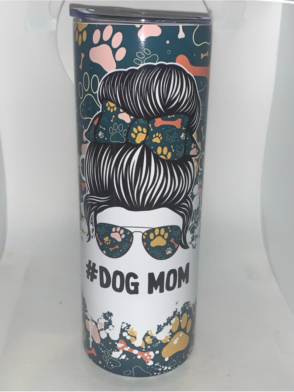 #DOG MOM Insulated Travel Tumbler - Teal with Pink & Gold Paw Print Design 20 Oz